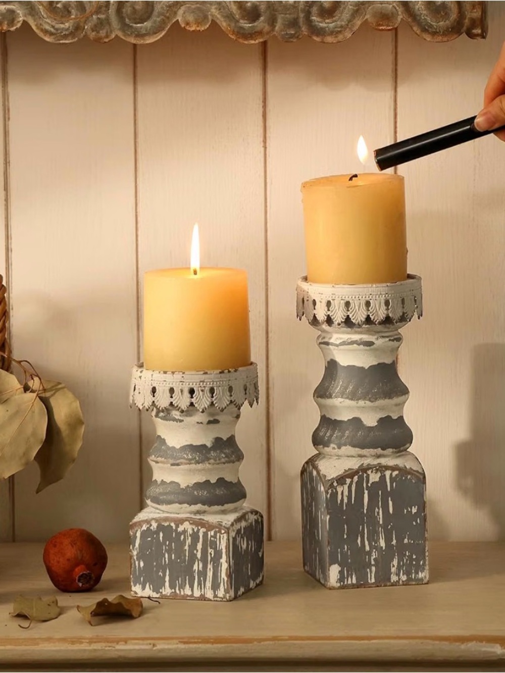 NIKKY HOME Farmhouse Rustic Solid Wood Pillar Candle Holders Set of 2, Grey